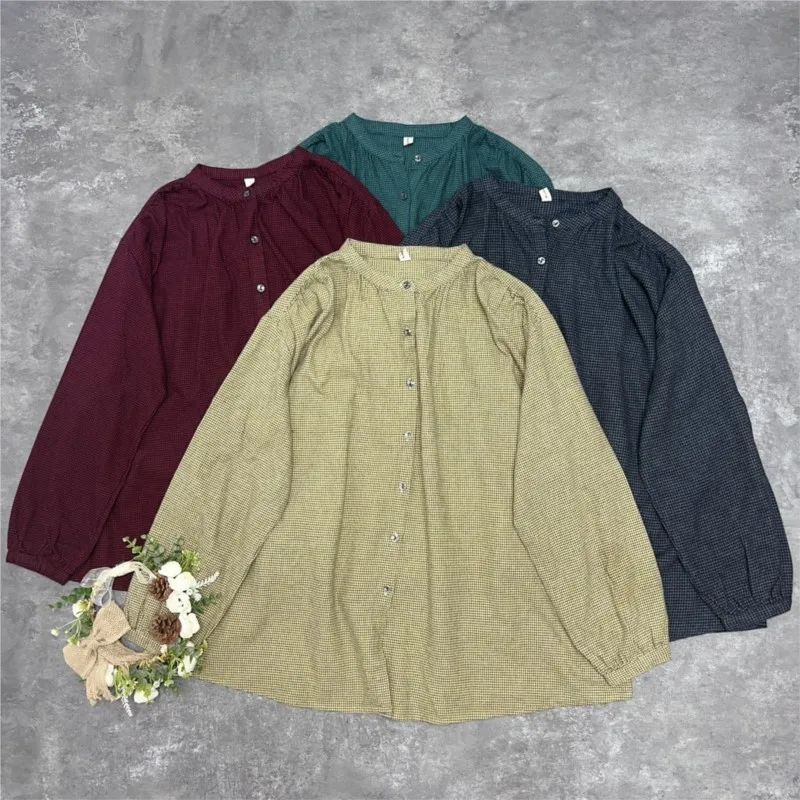

Johnature Fall 2025 New Brushed Plaid Shirt Casual Crew Neck Loose Versatile Simple Long-Sleeved Women Tops