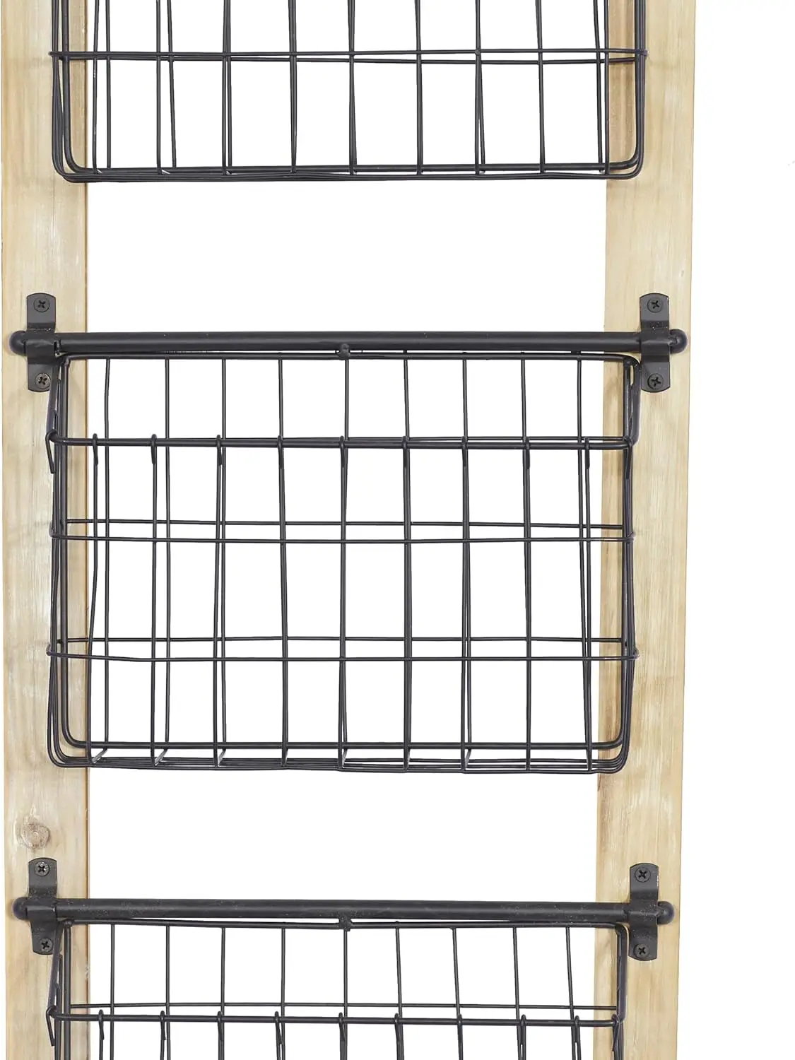 Metal 3 Slot Magazine Rack with Wood Frame and Wire Baskets, Black, 14x5x34 Inches