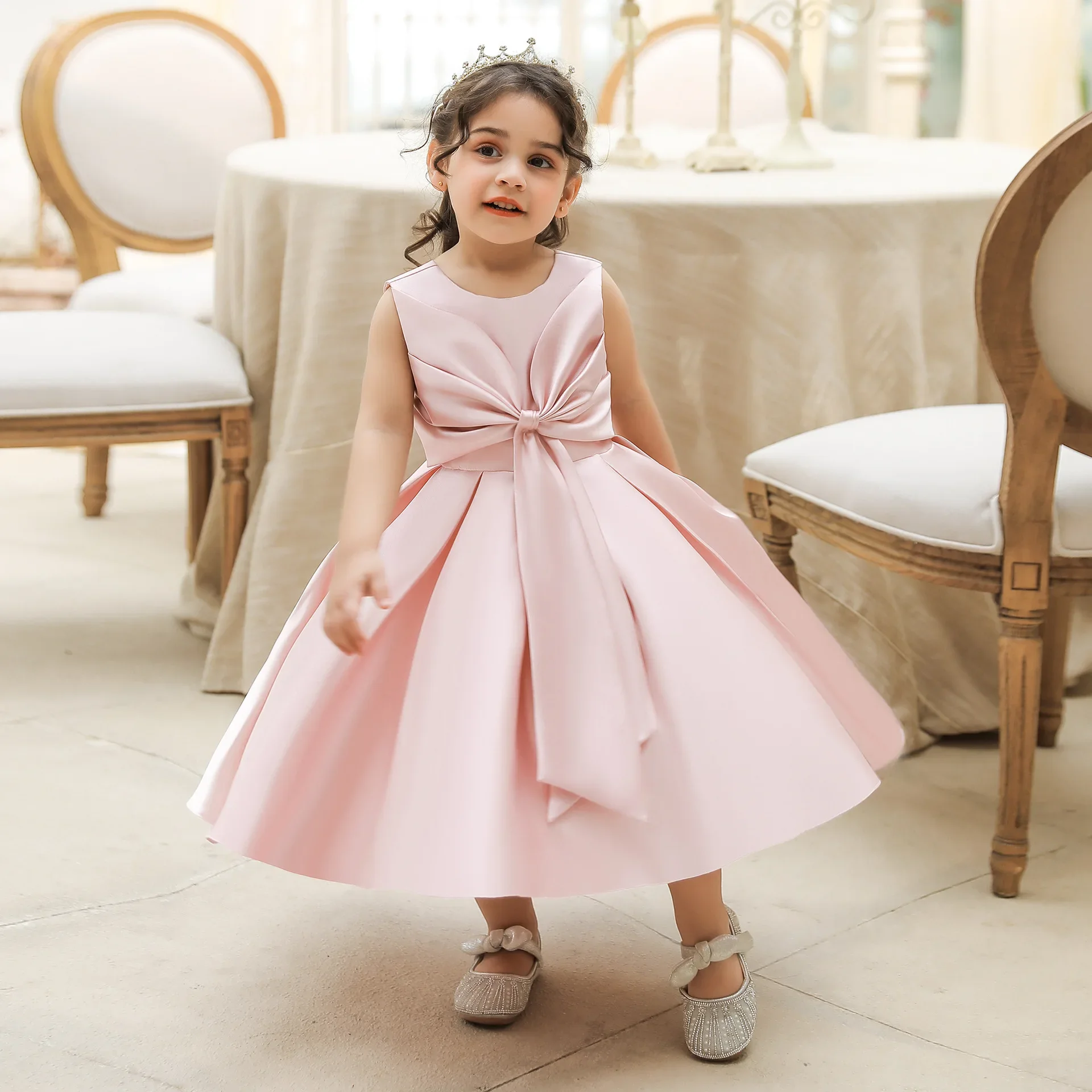 Baby Girl 1st Birthday Party Dress Sleeveless Toddler Girls Princess Dresses with Bow Kids Ball Growns Wedding Dress