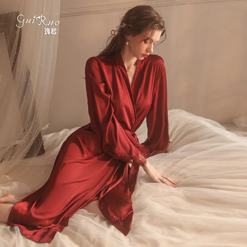 Long Open Belt Silky Satin Cuffs Lace Loose Comfortable Bathrobe Nightgown Loungewear Cw91749