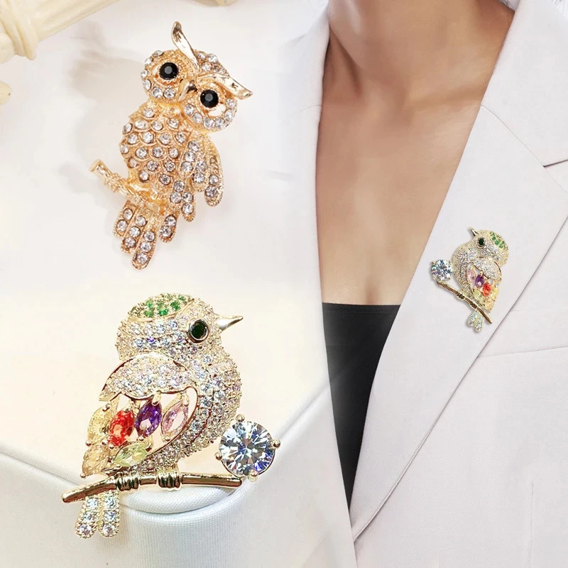 Exquisite Rhinestone Bird Animal Brooches Metal Magpie Owl Pins For Women Clothes Accessories Badges Corsage Gifts