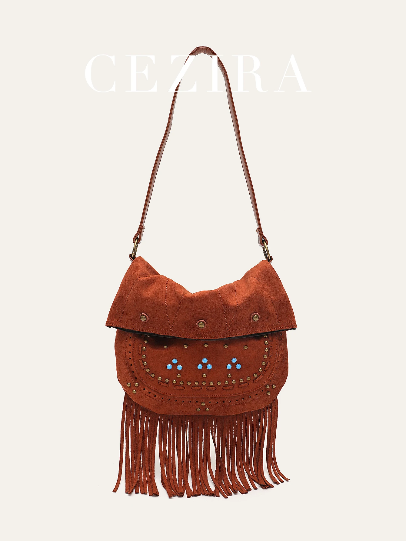 CEZIRA Women's Faux Suede Patchwork PU Leather Tassels Beads Decor Half-moon Hobo Bohemia Retro Tribal Style Shoulder Bag