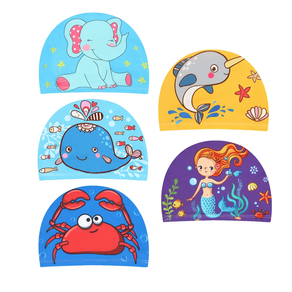 5PCS Lovely Children Cartoon Swimming Caps Lovely Waterproof Ear Protection Swim Hats