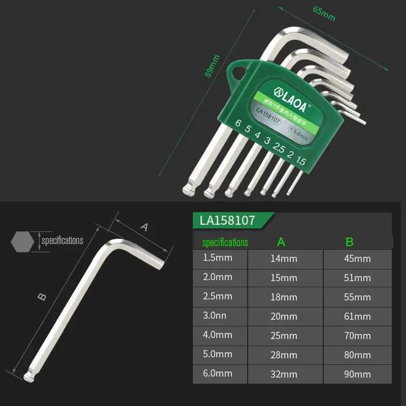 LAOA Mini 7-delige inbussleutel zeshoekige zeshoekige schroevendraaierset 0,7/0,9/1,3/1,5/2/2,5/3 mm sleutel inbussleutel