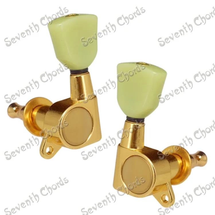 A Set of 6 Jade Green Trapezoid Button Guitar Tuning Pegs Tuners Machine Heads For Acoustic Electric Guitar Replacement - Gold