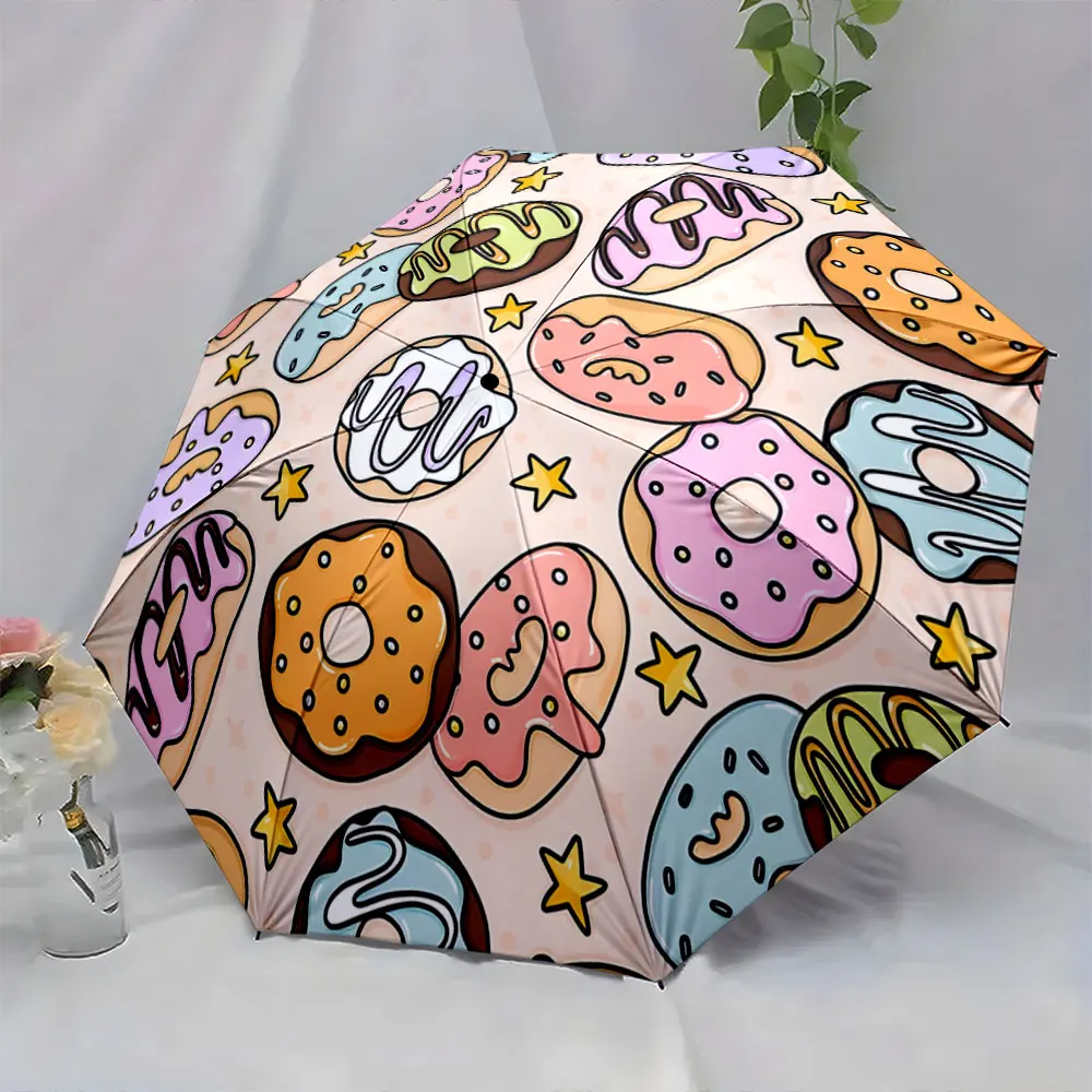 1PC Colorful Donut Patterned Umbrella for a Sweet Look Print 8 Iron Ribs Folding Umbrella Auto-Open Fashion Sunshade