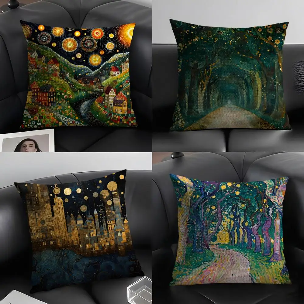 Gustav Klimt Print StarryNight Cushion Cover Natural Linen Organic Fabric Double-Sided Printing Sofa Home Decor Gift Pillow Case