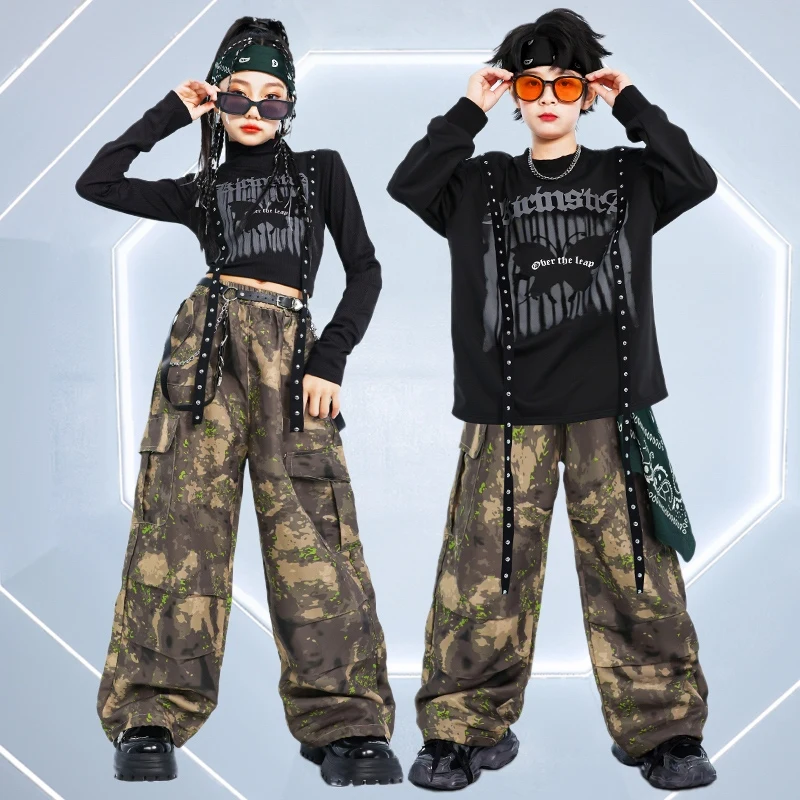 Jazz Modern Dance Clothing Children Hip Hop Kpop Stage Outfit Kids Street Dance Costume Black Tops Camouflage Cargo Pants 1177