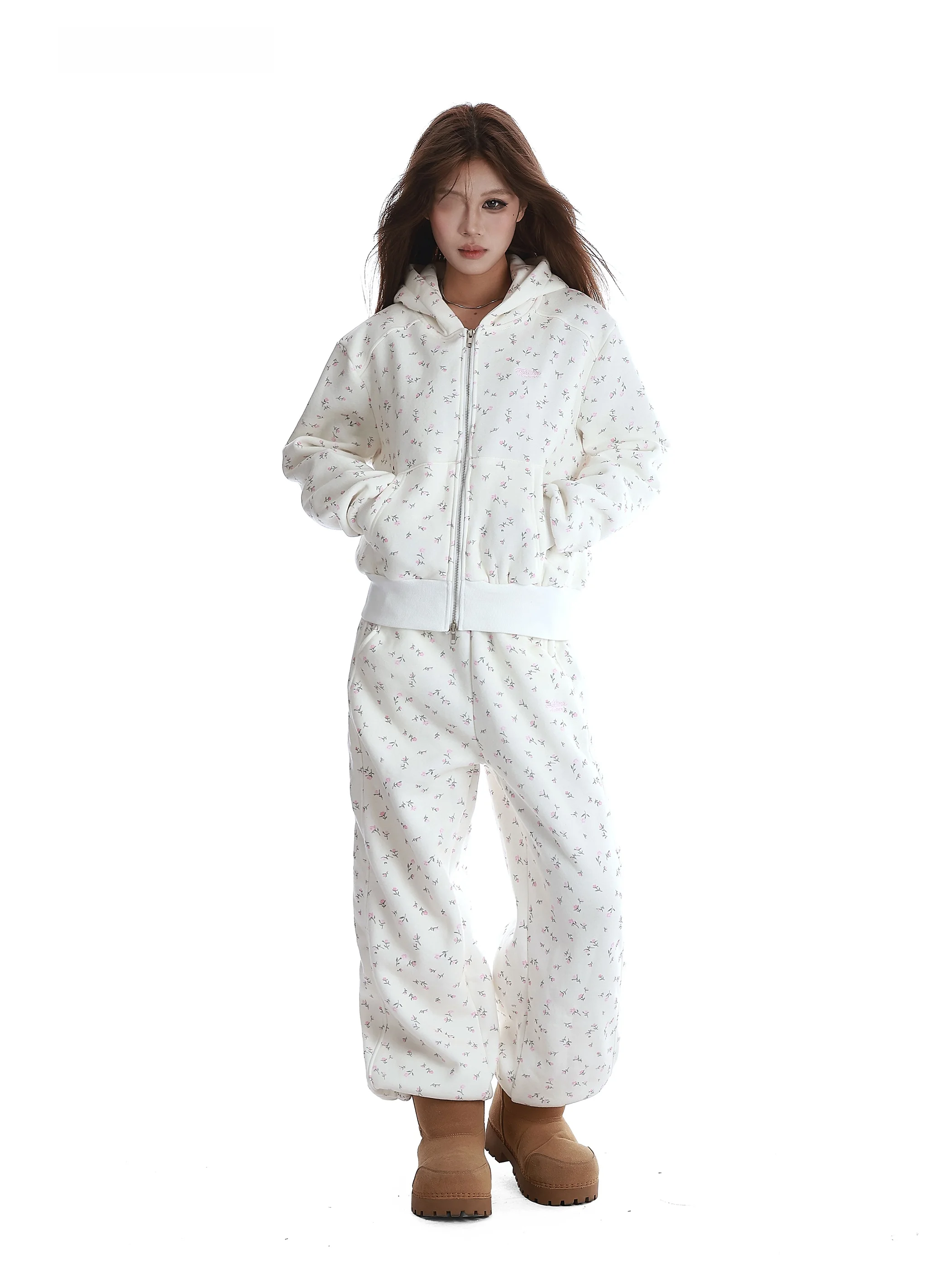 

Vinmuk American Retro Floral Print Fce Lined Wide Leg Pants Women's Loose Casual Trousers Long Pants Autumn Winter High Waist