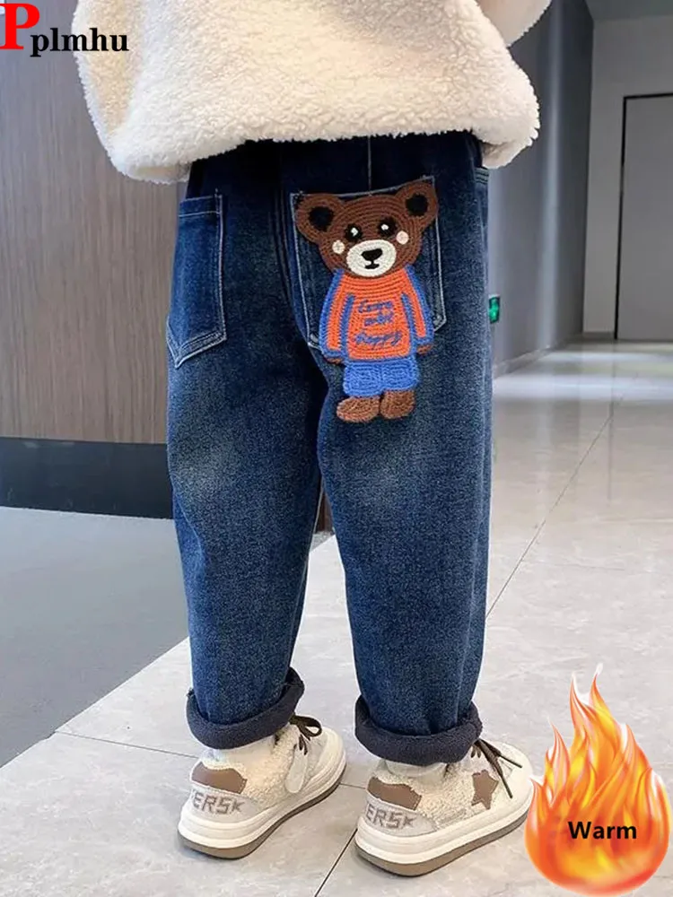 Print Bear Warm Boys Jeans Harem Pants Winter New Velvet Lined Fashion Kids Vaqueros Pantalones Thick Plush Baggy Denim Broek