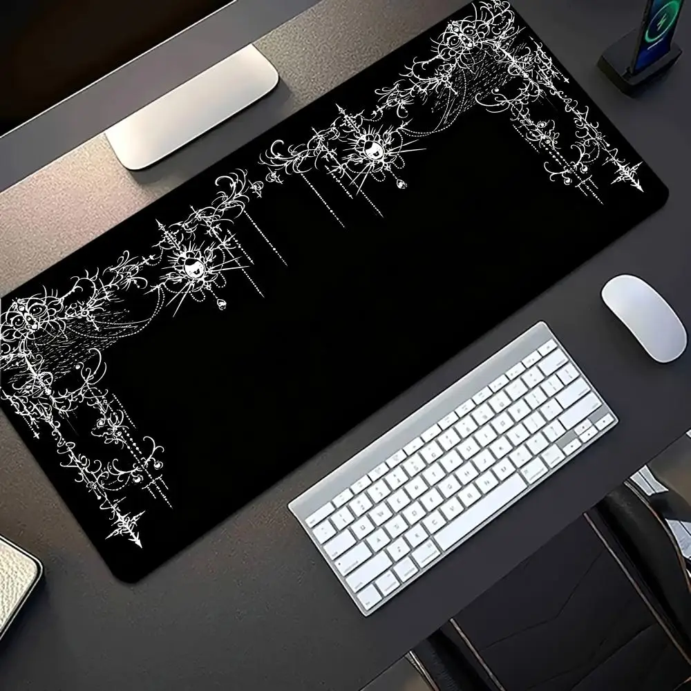 Gaming Mouse Pad Black Gothic Phoenix Line Art Large Desk Mat Non Slip Rubber Stitched Edge Keyboard Mat for Dark Aesthetic