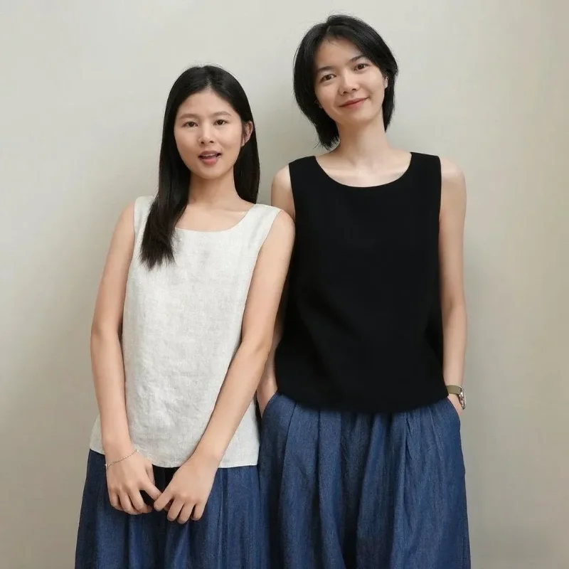 Women's Linen Cotton Sleeveless Tank Top Loose Casual Crew Neck Basic Summer Vest