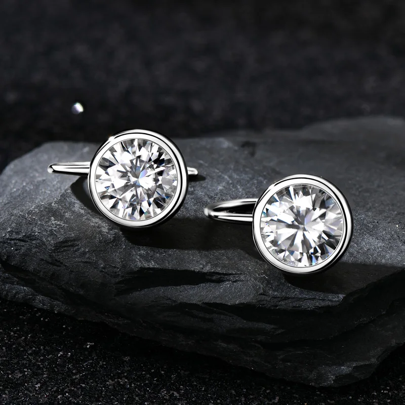 Anziw Sparking 8mm 2ct D Color Moissanite Drop Earrings Hooks 925 Silver for Women Bezel Setting Wedding Earrings Original Jewel image 2