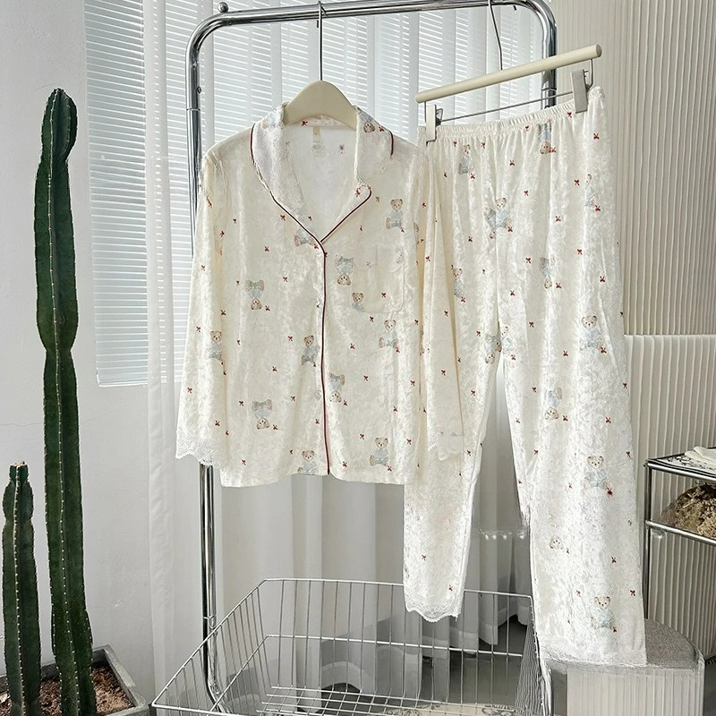 

Women's Winter Warm Sleepwear Princess Lace Trim Nightwear Cute Cartoon Bear Pajamas Set Long Sleeve Velour 2Pcs Loungewear
