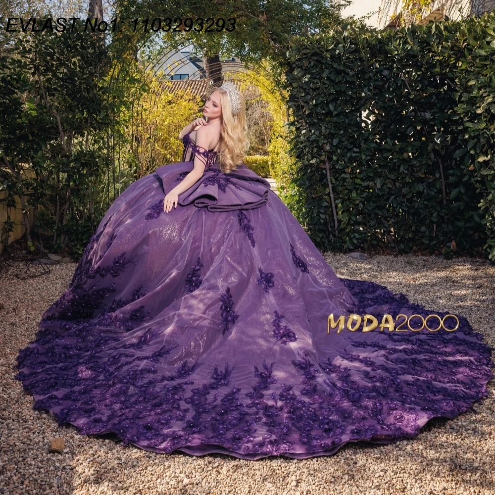 

EVLAST индивидуальное блестящее фиолетовое бальное платье Quinceanera, кружевное платье с аппликацией и бантом из бисера, корсет Sweet 16, Vestidos De 15 Anos E1Q795