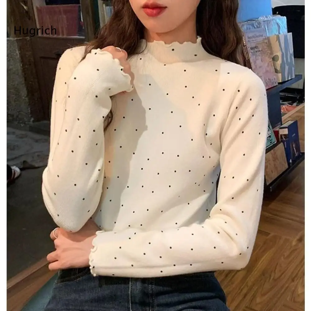 Women Mock Neck Long Sleeve Knit Shirt Delicate Wavy Trim Polka Dot Print Slim Pullover Top for Daily Commute Occasions