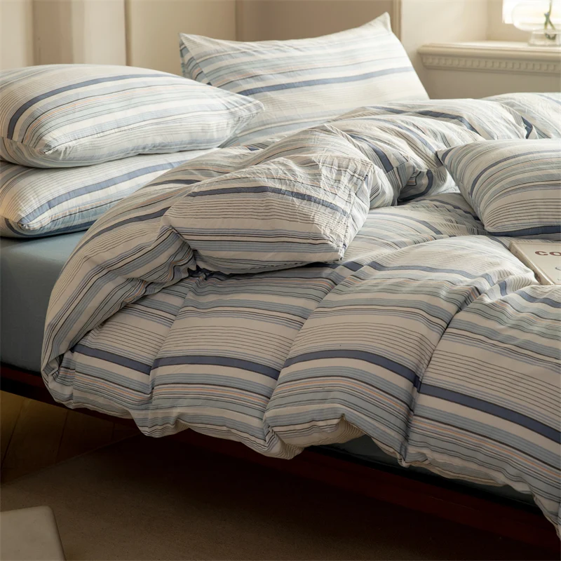 

Pure Cotton Striped Duvet Cover Set Simple Bedding Set with Quilt Cover Sheet Pillowcase Bed Linen Single Double King Queen Size