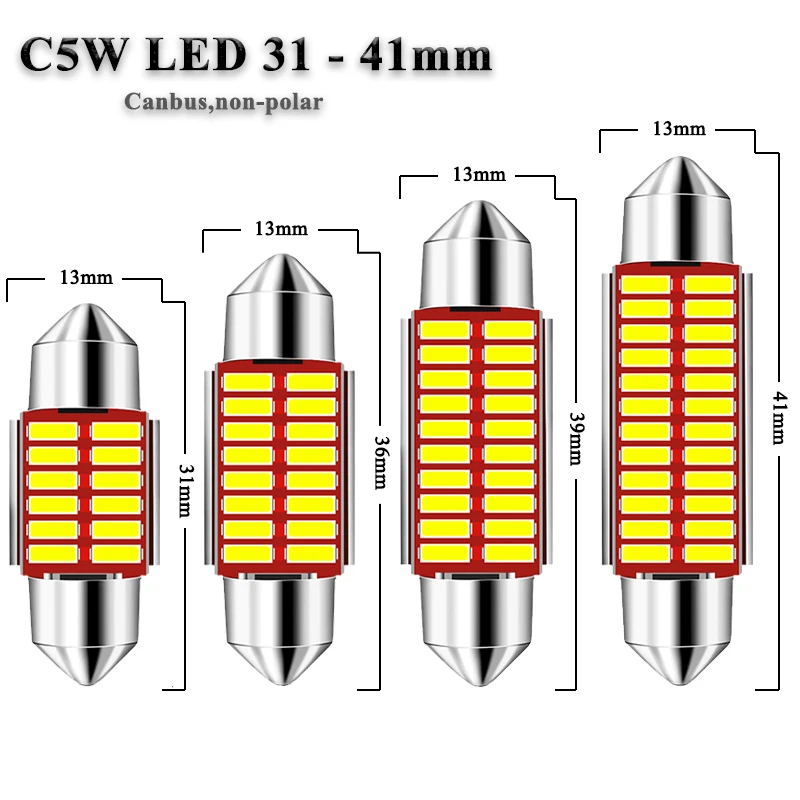 10 PCS C10W C5W LED Bulb Festoon 31mm 36mm 39mm 41mm Canbus 12V 7000K White Car Interior Dome Reading License Plate Trunk Lamps