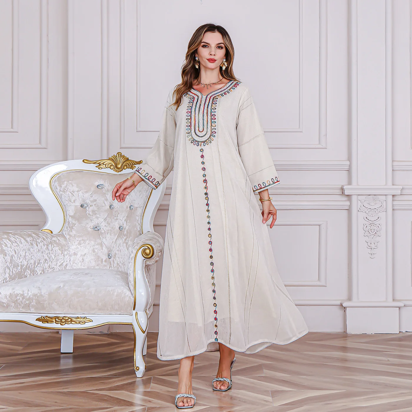 White Abayas Eid Djellaba Ramadan Muslim Women Embroidery Maxi Dress Jalabiya Caftan Marocain Femme Islam Clothing Turkey Kaftan