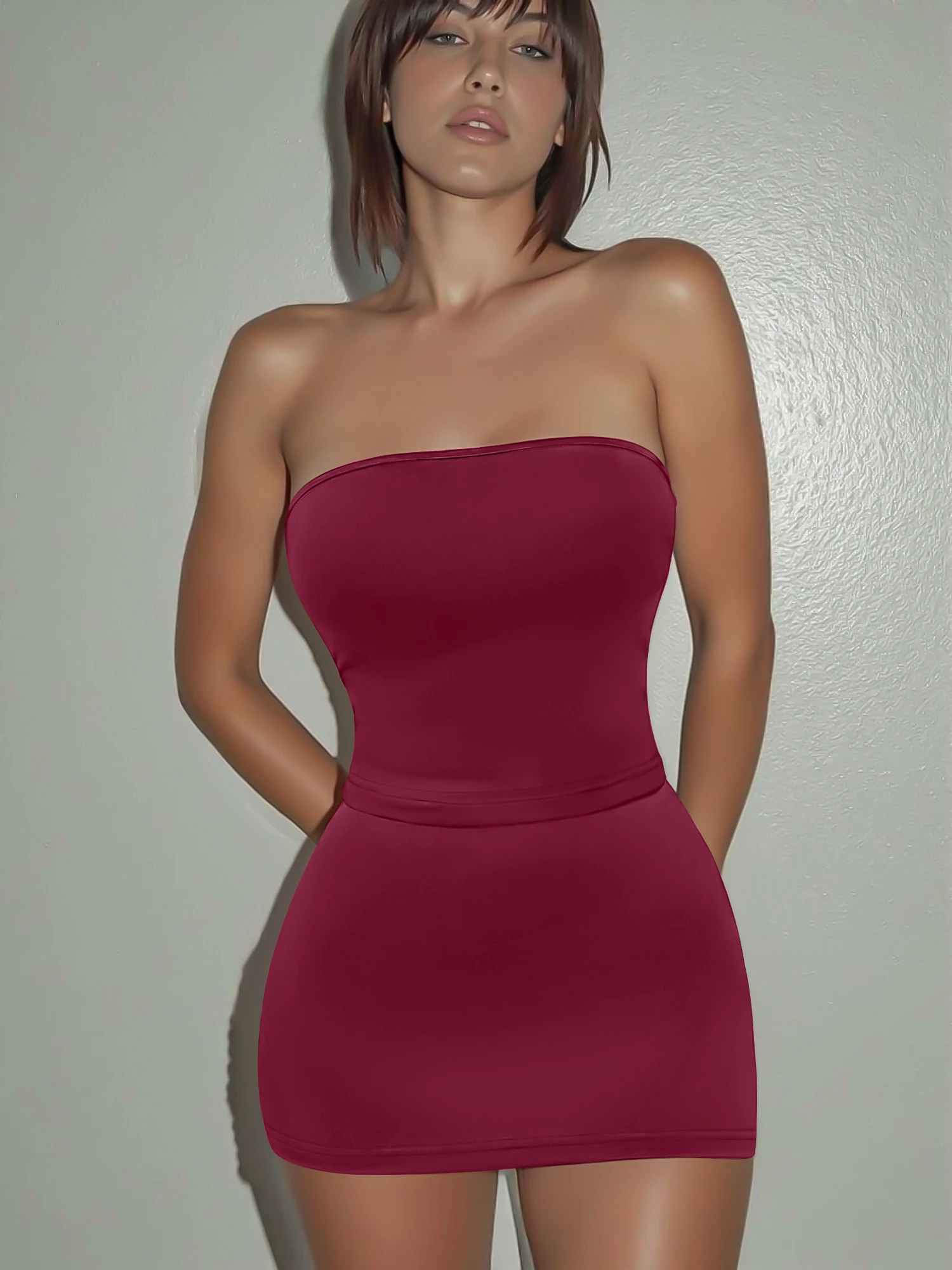Feminine Slim Fitted Matching Outfit, Tube Top Skirt Set for Evening Party Gatherings