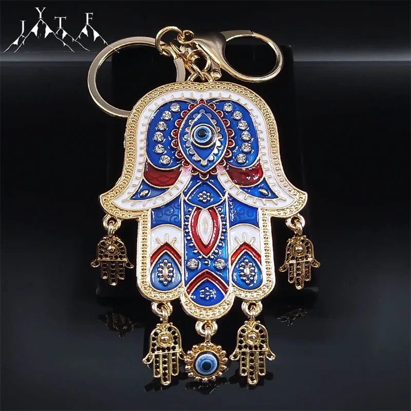 

Islamic Big Hamsa Hand Enamel Turkish Eye Key Chain for Women Alloy Hand of Fatima Lucky Evil Blue Eyes Tassel Keyring Jewelry
