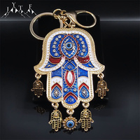 Islamic Big Hamsa Hand Enamel Turkish Eye Key Chain for Women Alloy Hand of Fatima Lucky Evil Blue Eyes Tassel Keyring Jewelry