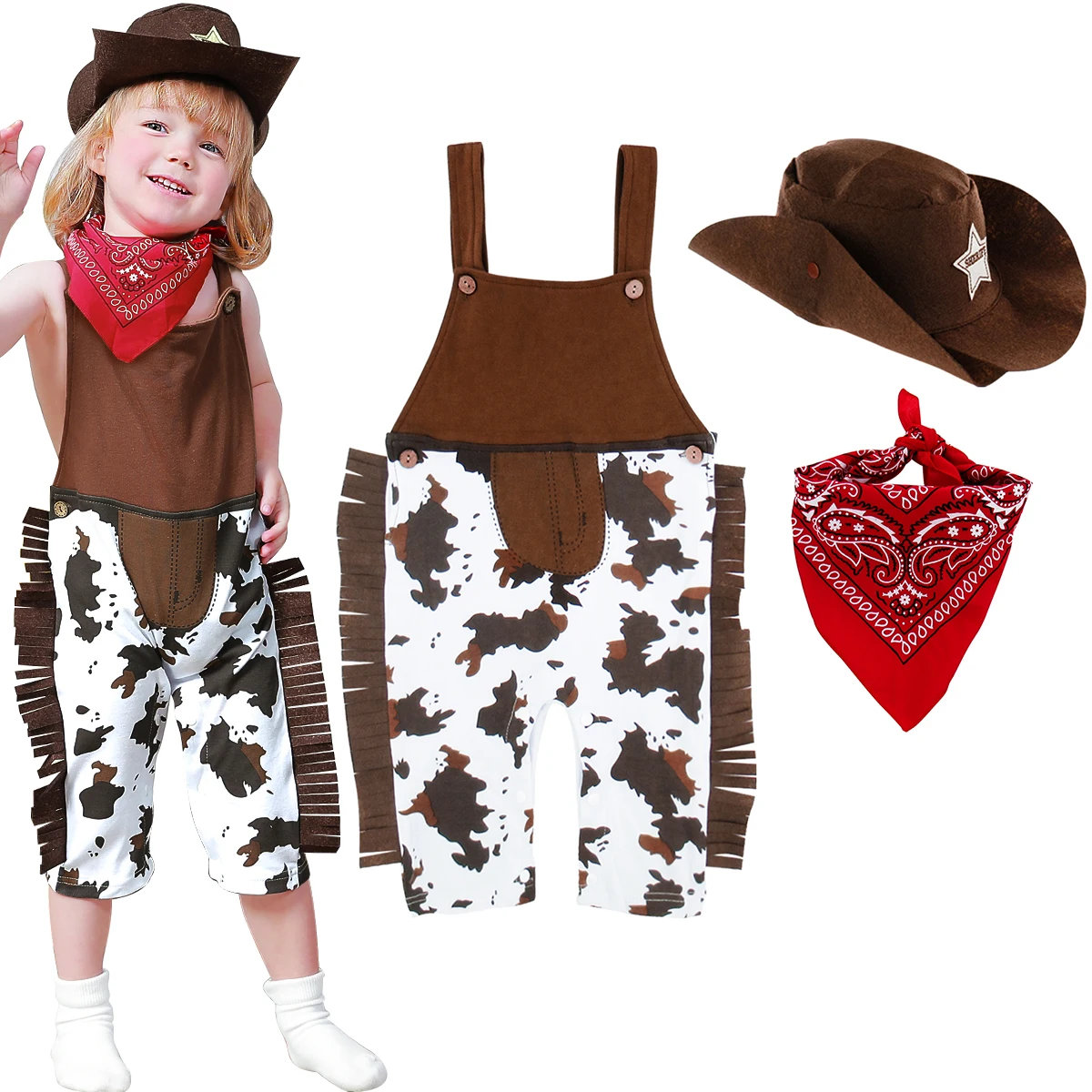 Baby Boys Cowboy Costume Toddler Halloween Cosplay Outfit Infant Carnival Party Playsuits Romper Overall