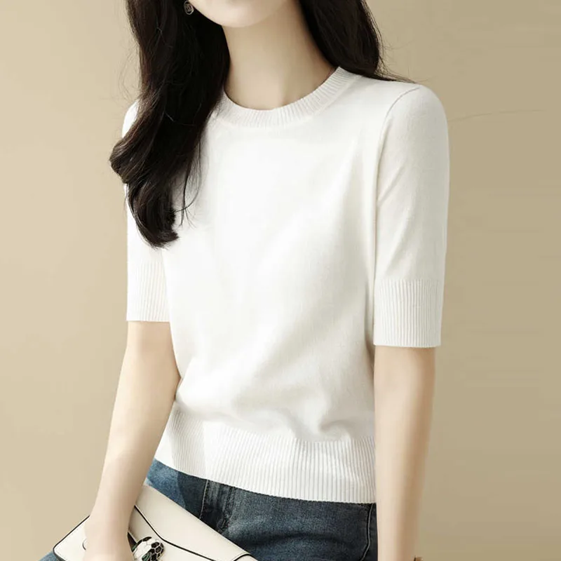 

Knitted Sweater Women Pullovers New Short Sleeve O-Neck Black Knit Sweater Pullover Women Tops Sweaters Sueters De Mujer Q1273