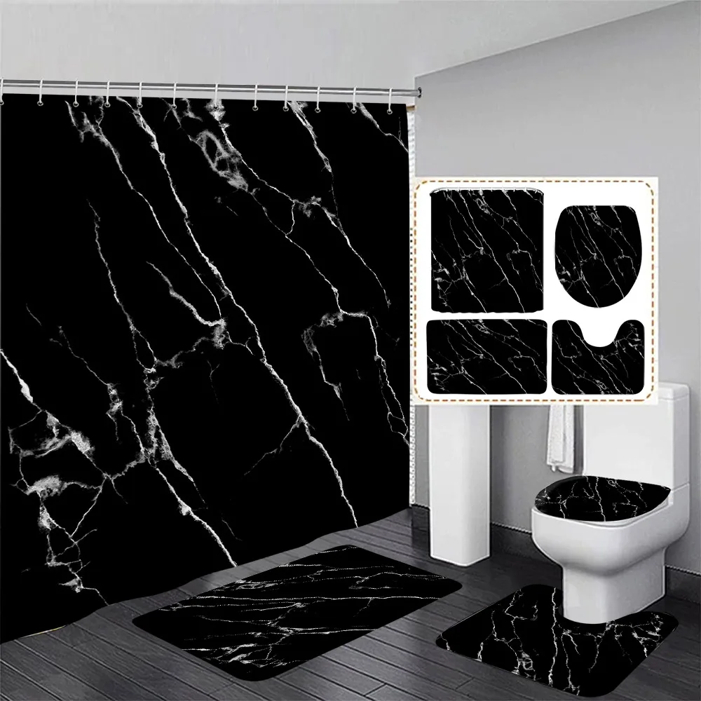 Abstract Blue Marble Shower Curtain Set Gold Line Ink Texture Art Modern Luxury Home Bathroom Decor Bath Mats Toilet Lid Cover