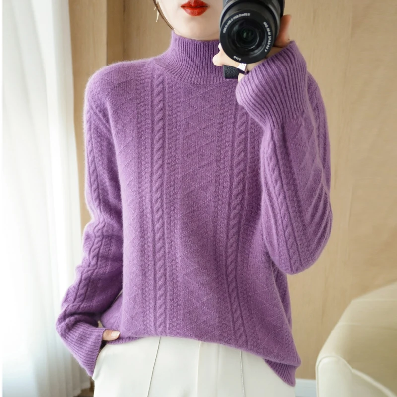 Autumn/Winter new women's sweater 100% Merino wool half-turtleneck pullover Fashion Korean twisted floral knit shirt