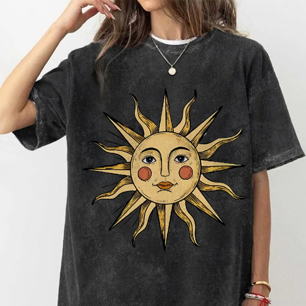 

Sun Face Print Women's T-Shirt Washed Cotton Breathable High Quality Short Sleeve Oversized Men's Half Sleeve Distressed Hip Hop