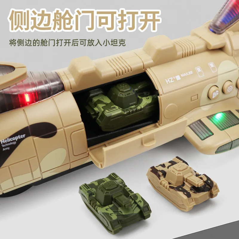 Electric Universal Military Transport Helicopter Toy with Light Sound Rotating Propeller & Mini Tank Model for Boys Gift