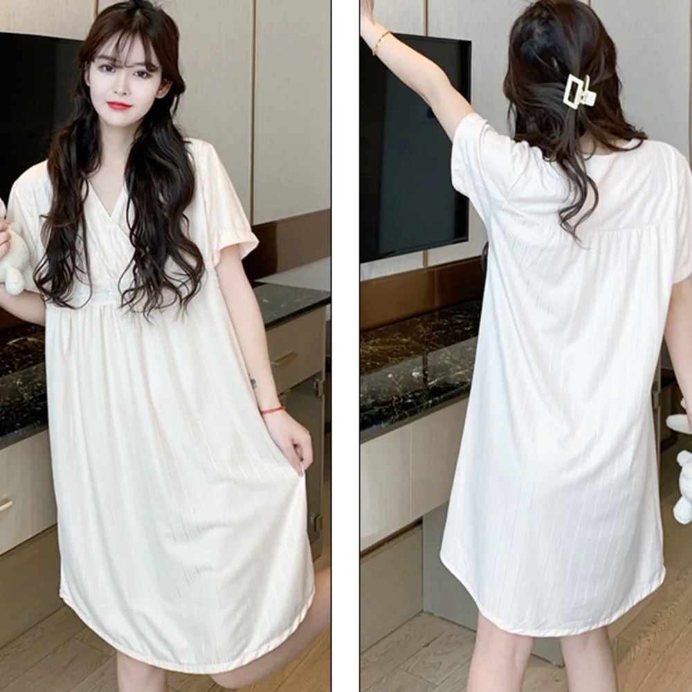 Women Sweet Nightgowns Loose Skin-friendly Short Sleeve Lace V-neck Korean Style Soft Aesthetic Hipster Charming Summer Princess