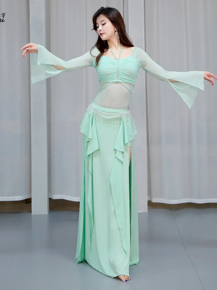 Abito da danza classica elegante per la pancia con top con scollo quadrato con coulisse e gonna con volant sull'orlo diviso – Costume da spettacolo teatrale