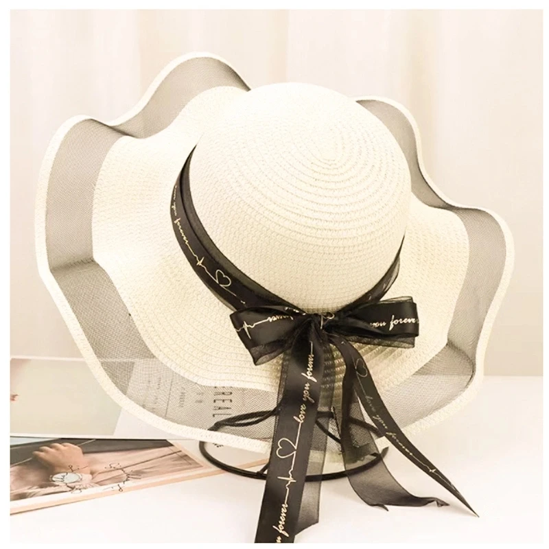 Love ribbon mesh brim straw hat