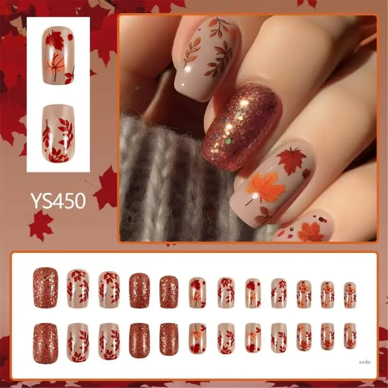 Stylish Maple Leaf Press On 24pcs Short Square False Glossy on for Thanksgiving and Daily Wear