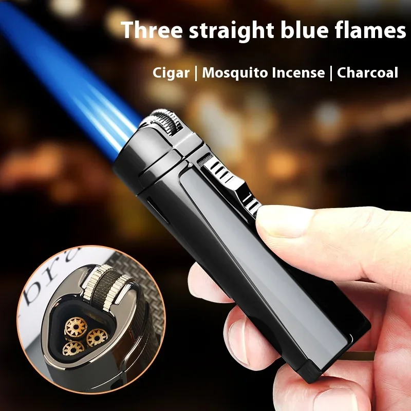 Metal Outdoor Windproof Butane Gas Lighter Quadruple Flame Large Fire Turbine Torch Portable BBQ Cigar Lighter Gift for Men