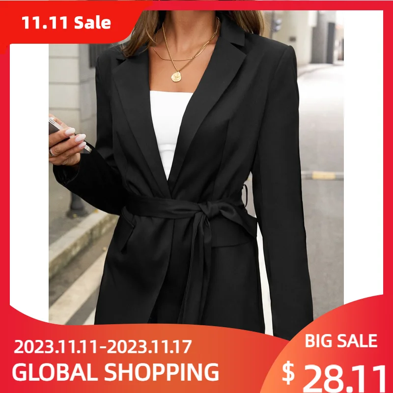 

New Women's Coat Elegant Casual Fashion Belt Luxury Jacket Autumn And Winter Solid Black Color Conventional Ladies Clothing