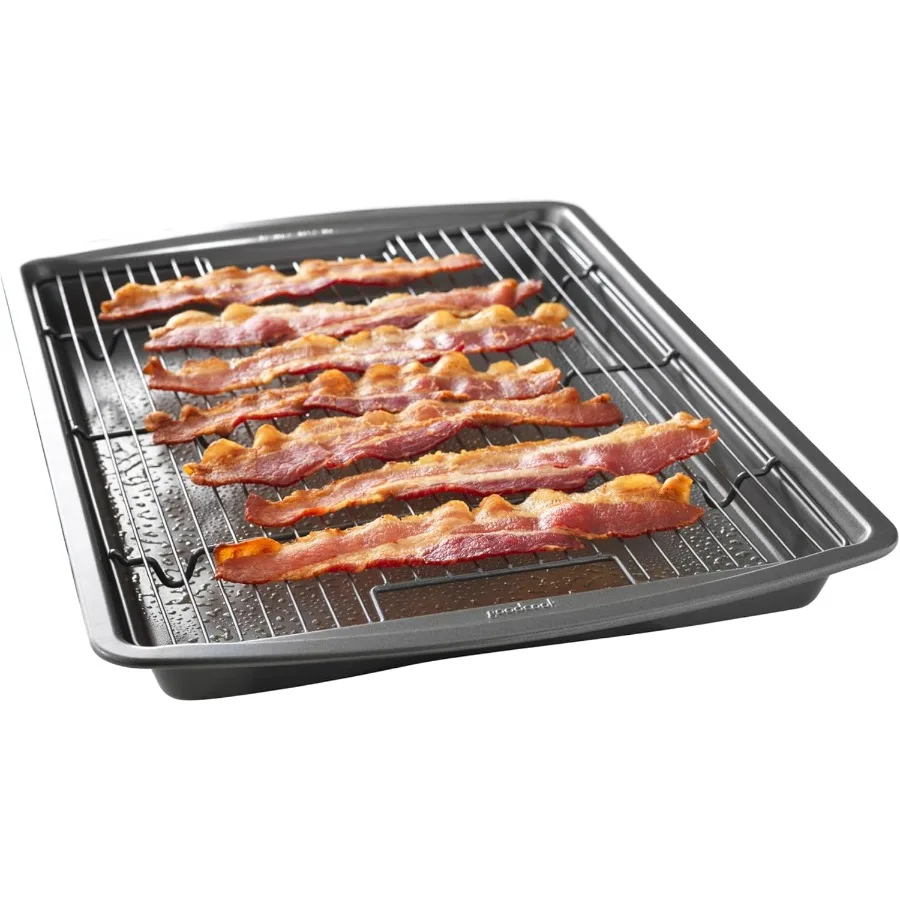 

15 x 10.5 Nonstick Carbon Steel Baking Pan with Raised Wire Rack for Crispy Pizza Bacon and More Multipurpose Cooking Sheet Pan