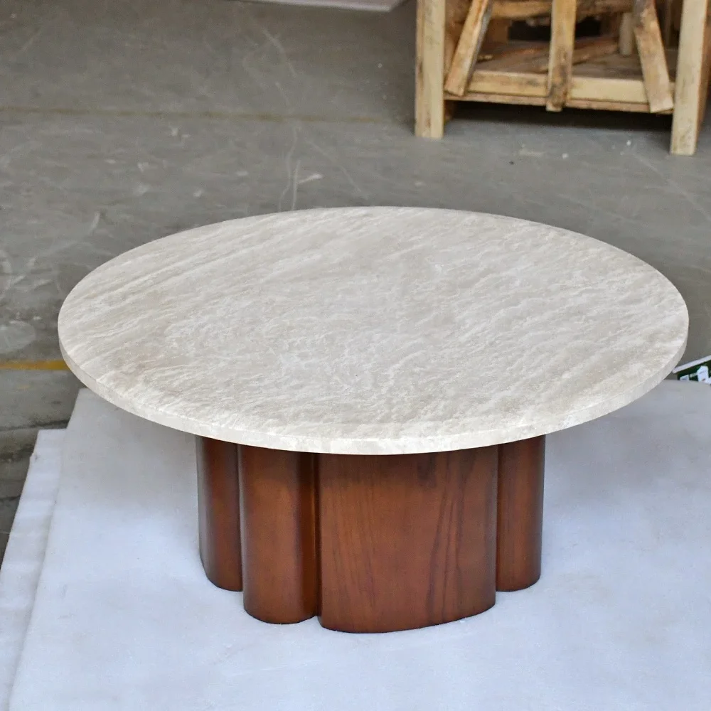 OEM ODM Customized small marble plinth set solid wood table beige travertine wooden coffee table