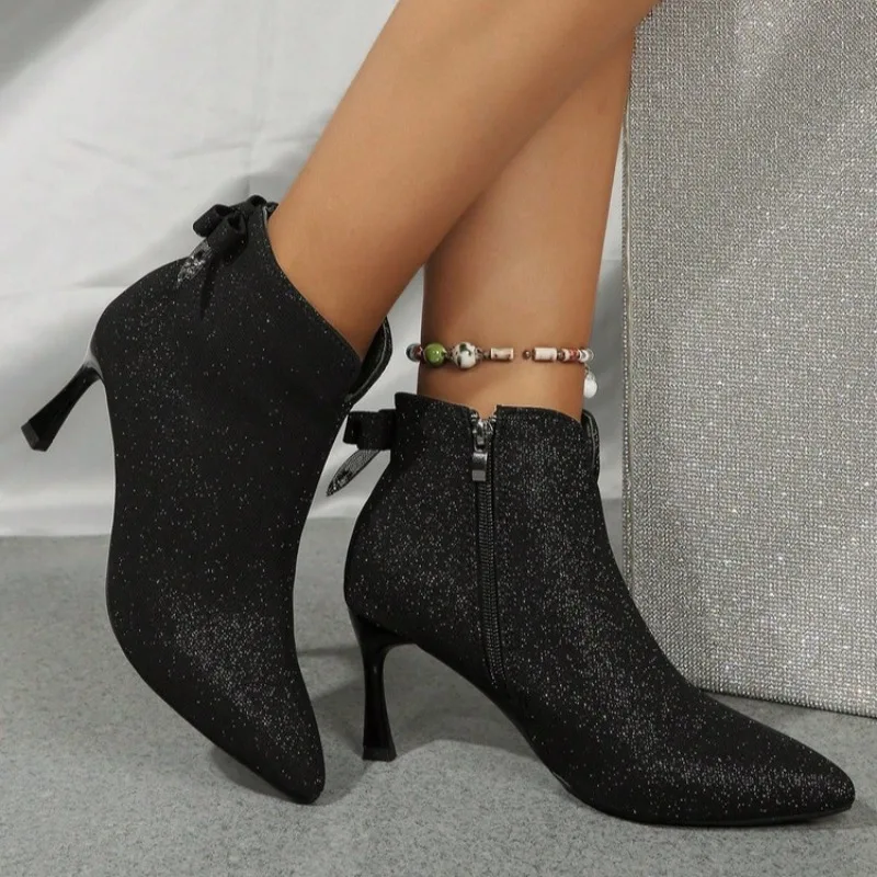 

Женские ботинки на тонком высоком каблуке, осень 2021, новая модная обувь на молнии, женские блестящие пикантные вечерние ботильоны с острым носком, женские Botas Mujer