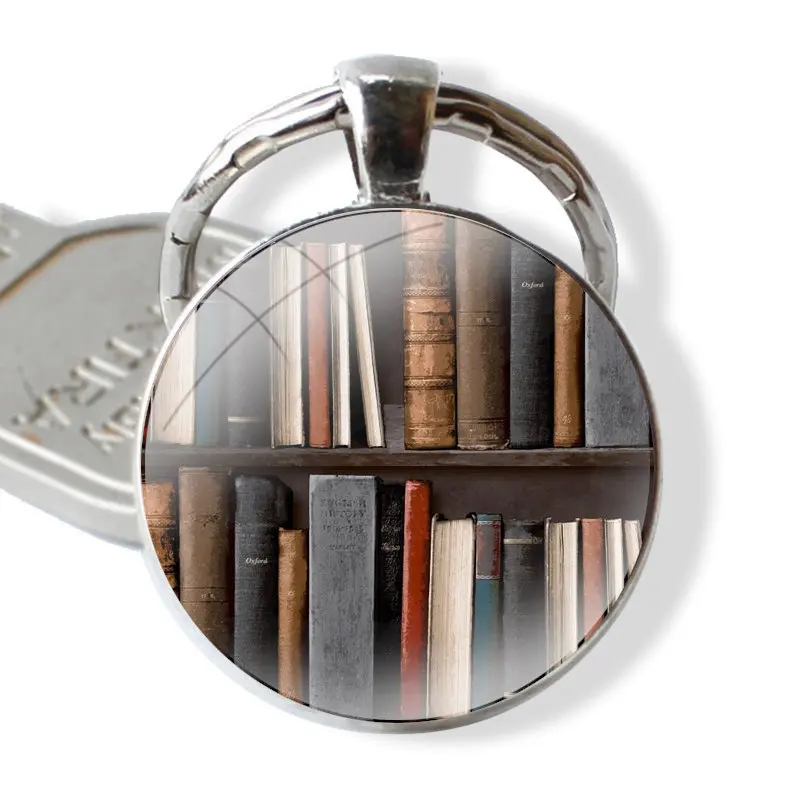 Keychain Handmade Glass Cabochon Key Ring Holder Pendant Key Chains Classic Library Books