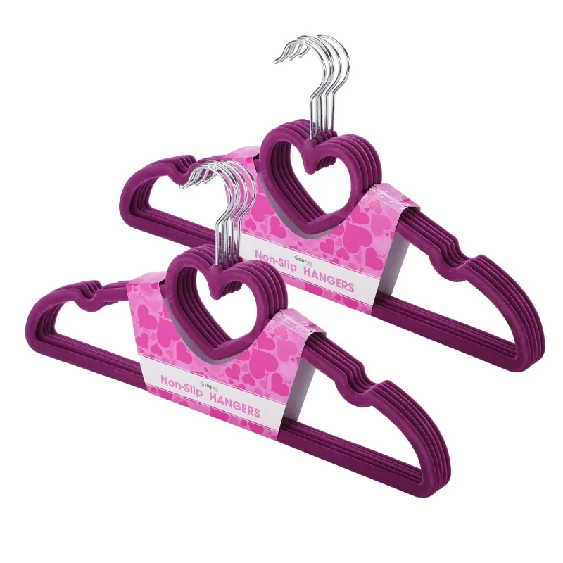 10pcs Flocking Custom Slim Non-Slip Clothes Velvet Heart Shaped Velvet Hangers with Logo 360-degree Rotatable Hook