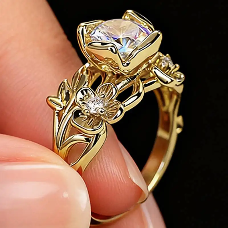 Huitan Ästhetischer blumenförmiger Ring für Damen, goldfarben, edel, für Partys, Hochzeiten, frisches Zubehör, ausgefallener Damenschmuck mit glänzendem CZ