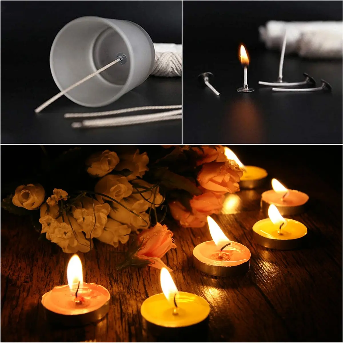 HITL Candle DIY Tools Set, 1 Roll 200Ft/61M Cotton Candle Wick Core with 100 Pcs Candle Wick Sustainer for Candle Making Kit