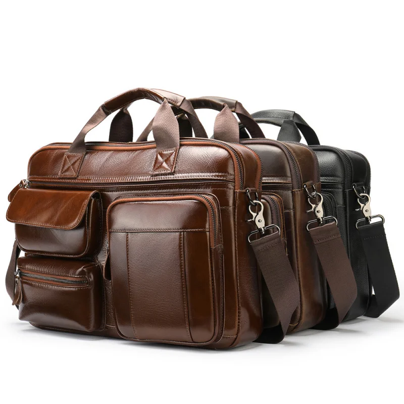Business travel commuter genuine leather handbag top-layer cowhide crossbody briefcase, men's laptop bag Retro briefcase view 3