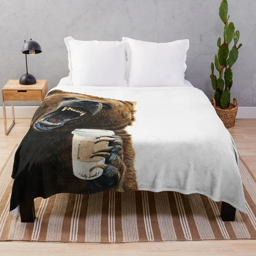 

Grizzly Mornings - give that bear some coffee Throw Blanket Decorative Sofas Extra Large Throw Blankets