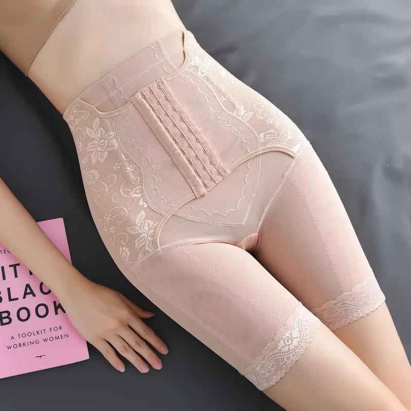 

Women's underwear lace edge anti roll flat angle high waisted buckle high elastic mesh waist shaping lifting belly tightening