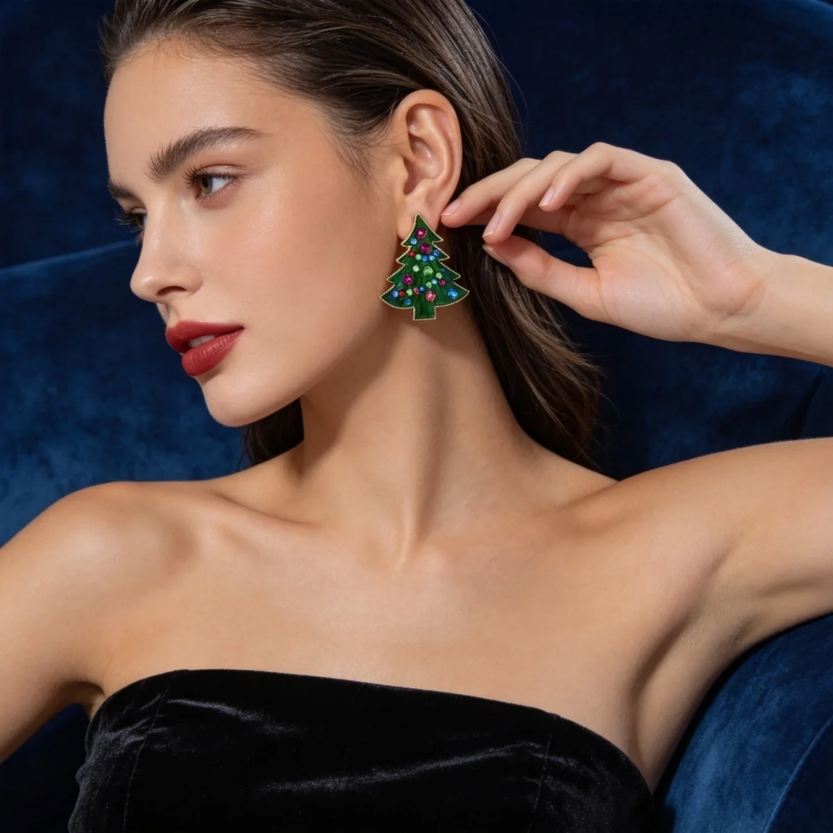 Bunte Strass-Ohrringe mit grüner Emaille, Weihnachtsbaum-Ohrstecker für Frauen, künstliche Perlen, Weihnachtsbaum-Ohrringe, Neujahrsparty-Schmuck – Detail 15