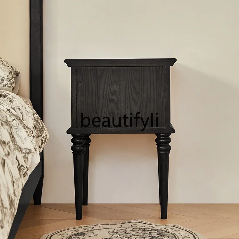 

ss French retro bedside table solid wood master bedroom four-leaf clover home bedroom black bedside table